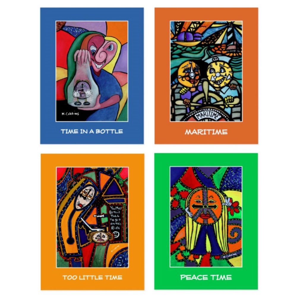 4 Colorful Artist Signed Art Postcards Whimsical